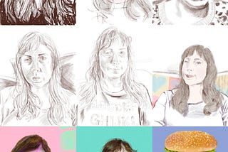 A grid of 9 self-portrait drawings of a woman in various ontological states