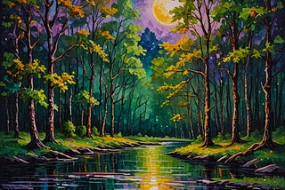 colorful graphic illustration in golds, purples, and greens of a summer moon beaming onto a winding forest river