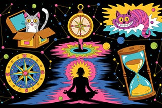 A psychedelic, colorful digital illustration showcasing a whimsical blend of elements: Schrödinger’s cat popping out of a box, a glowing compass pointing in all directions like Jack Sparrow’s, a Cheshire Cat floating in the sky grinning, a quantum particle storm around a human silhouette meditating in lotus pose, an hourglass melting like in a Dali painting, and strings connecting each object like constellations. The style is surreal, vibrant, humorous, and eye-catching