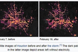 Satellite images of Houston before and after the storm. The dark areas in the latter image depict areas left without electricity.