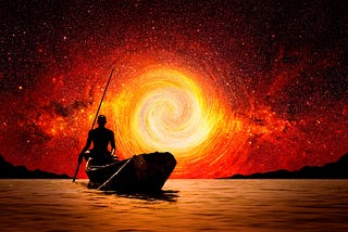 Person in canoe heading toward spiral on the horizon