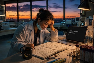 A female Medical Laboratory Scientist writes in a notebook after a long hospital shift in a quiet laboratory at sunset. A laptop beside her displays the words “I Work Around the Clock…” while a half-empty coffee mug and handwritten notes symbolize creativity surviving exhaustion.