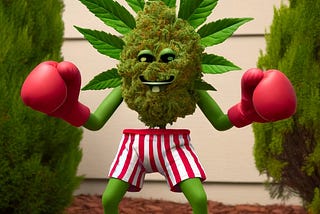 A defiant cartoon weed, geared up with boxing gloves and boxers, standing ready between the shrubs, daring anyone to come near.