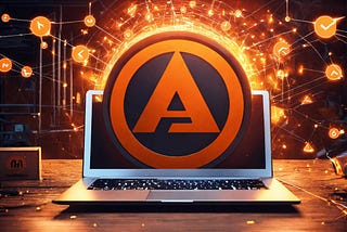 A laptop with letter A logo on display