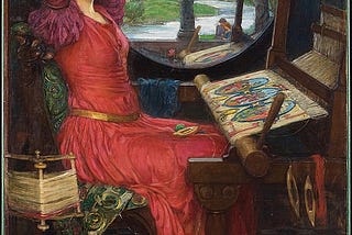 A young brunette woman in rich red medieval dress with golden belt sits in front of a loom, her hands in her hair. Outside lies the castle of Camelot.