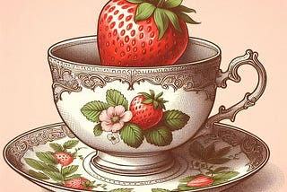 a vector drawing of bone china tea cup and saucer with Victorian illustration of a ripe strawberry on it against a pale pink background