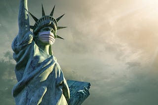 The Statue of Liberty, wearing a face mask