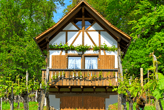 Small, timber-framed cottage in a vinyard with trees behind it