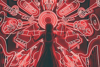 Woman in front of red neon lights in the shape of instruments