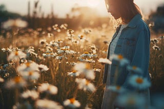 Young woman holding wildflowers in sunrise meadow