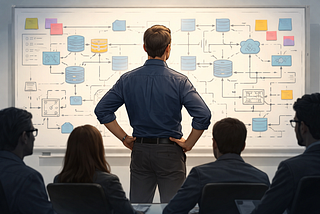 A senior engineering leader stands with hands on hips facing a large whiteboard covered in architecture diagrams, service flows, and system dependencies, while several team members watch from a conference table behind them. The scene emphasizes architectural complexity, leadership guidance, and the shift from clean system design to broader organizational thinking.