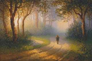 Uma pintura impressionista a óleo sobre tela retrata um caminho sinuoso através de uma floresta enevoada, onde um viajante solitário caminha sob a luz dourada do sol, filtrada pelas árvores. A cena transmite uma sensação de destino e escolha, com múltiplos caminhos divergentes que desaparecem na distância. As pinceladas são soltas e texturizadas, mesclando tons quentes e frios para criar uma atmosfera etérea e onírica.