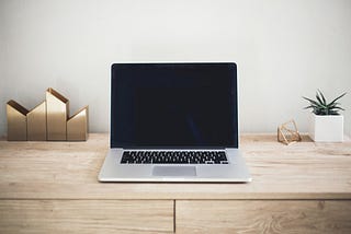 The picture has a light wooden desk. A laptop is opened sitting on the desk. There are some wooden blocks on the left of the laptop. There is a plant in a white square vase on the right of the laptop.