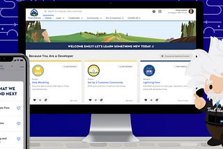 Desktop and mobile device showing Trailhead against a purple background. Trailhead character, Einstein, stands in front.