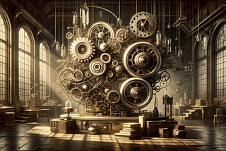 A widescreen, sepia-toned, old-timey photograph depicting an abstract and intricate representation of AI and machine learning design patterns within a vintage laboratory setting. The image showcases a complex machine composed of gears, levers, and vacuum tubes, designed to symbolize the essence of AI.