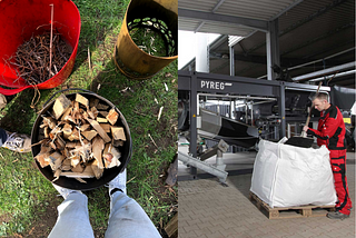 On the left is a small scale biochar kiln Earthly Biochar designed and on the right is a large scale machine by PYREG