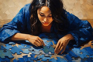 a young woman puts together puzzle pieces