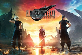 Capa de Final Fantasy VII Rebirth, com Cloud do lado esquerdo, Sephiroth centralizado e Zack no lado direito.