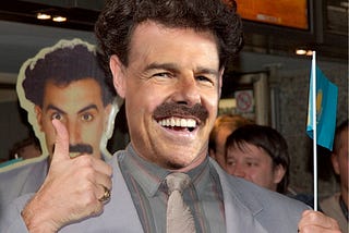 A composite image of Borat and Tom Cruise