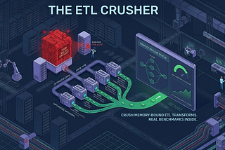 ETL pipeline optimization diagram showing memory-bound transforms, data flow, and performance monitoring system