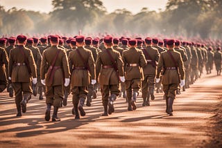 Image shows a platoon of marching soldiers wearing brown uniforms and maroon berets.