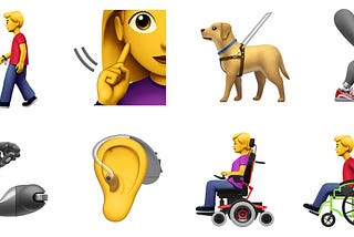accessibility emojis, person with cane, deaf person, service dog, limp prostetics, hearing aid, wheelchair users