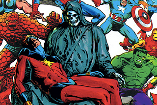 Captain Marvel dies as other heroes look on