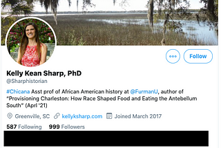 Dr. Kean Sharp’s original twitter bio in which she describes herself as a Chicana Assistant Professor