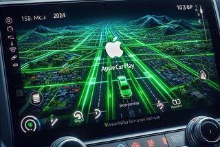 A visual dashboard display on a late model Toyota showing a real time road map and Aple Car Play highlighted with the Apple logo.