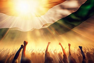 India Flag with Rising Bright Sun, People raising hands depicting India’s Rise in Advance Technology and AI.