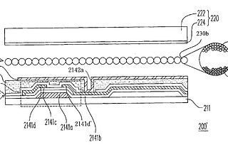 Screenshot of a diagram from e-ink patent document showing the inner-workings of the technology without any labelling