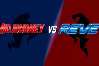 A dynamic split screen graphic displays the text “MIDJOURNEY” on the left half and “REVE” on the right half of the composition, facing each other like opponents in a fighting game. Each side features bold, chunky letters rendered in contrasting colors — blue for “MIDJOURNEY” and red for “REVE”. The word “VS” appears centered between the two sides in white text with a metallic sheen. The background is dark with subtle grid lines and scan effects reminiscent of classic arcade game stages.