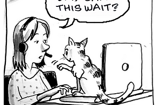 A woman sits working from home on her laptop. Oblivious cat sits on her keyboard. She says, “um, can this wait?”