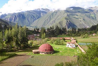 A view looking down over the entire Ashram complex, towards the mountains