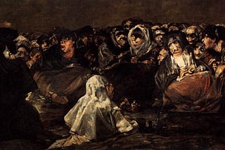 A painting of a frightened crowd looking at a dark, horned figure (Francisco Goya, Black Paintings)