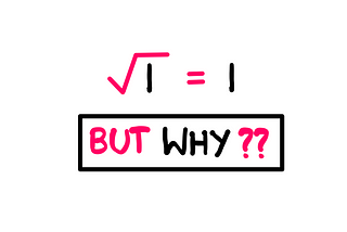 Why Is The Square Root of 1 Equal To 1? — A white board style illustration asking the following question: √1 = 1. But Why?