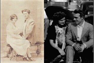 Two old photos of husband and wife sitting next to each other.