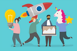 Cartoon of people holding a lightbulb, rocket ship, computer, and unicorn.