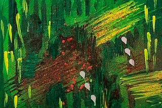 abstract artwork with blended streaks of yellow, red and dark green, and some mirror work