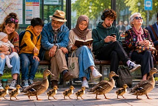 An AI-generated image of a row of people of different ages and ethniticities sitting at a bus stop while a family of ducks and ducklings walk past them in single file.