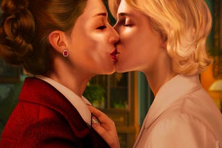 Digital painting of Eleanor, a mature woman with a brunette bun wearing scarlet tweed suit, kissing Eddie, a young blond wearing a cream colored blouse. The background is a blurred view of an office in green and brown.