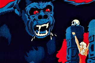 Cartoon image of King Kong looking at a tied up blonde woman on red background