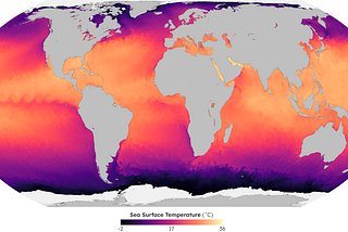 Global map of sea surface temperature for July 30, 2024, in the equal Earth projection. The coldest temperatures (-2˚ C) are colored black and hug the Antarctic coastline. The warmest water (36˚ C) is in the Persian Gulf, represented with pale yellow.