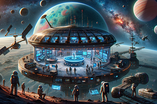 A futuristic learning space in Outer Space, circled by individuals in space suits.