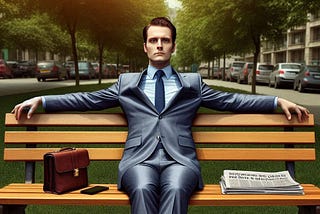 Businessman sitting quietly on a park bench, doing nothing