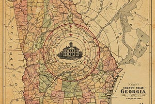 Antique map of Georgia with a line drawing of a courthouse in the center of the state surrounded by concentric rings representing a proximity map.