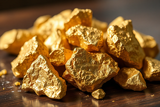 An AI generated picture of gold colored chunks of rock or gold in a small pile on a table