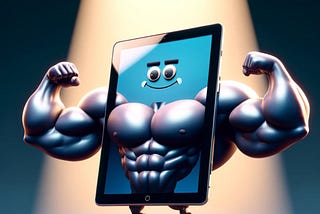 A cartoon of an extremely muscular tablet computer, posing like a bodybuilder. The image captures the whimsical concept of technology mimicking human physical prowess, highlighted by its confident and proud pose.