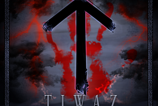 Digital artwork of the Rune Tiwaz, featuring black and blue colors.