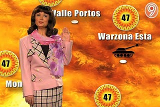 Still image of a sketch from the Fast Show. A woman stands in front of a weather map showing hot hot hot temperatures. She is about to say “Scorchio”.